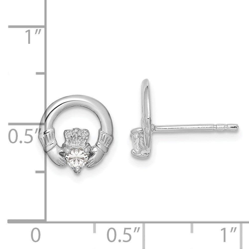QE9222 Sterling Silver Rhodium-plated CZ Heart Claddagh Post Earrings