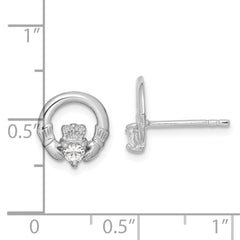 QE9222 Sterling Silver Rhodium-plated CZ Heart Claddagh Post Earrings