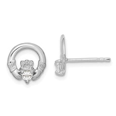 QE9222 Sterling Silver Rhodium-plated CZ Heart Claddagh Post Earrings
