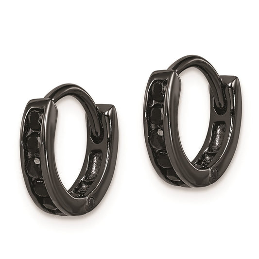 QE9262 Sterling Silver Black RH-plated Black CZ Hinged Round Hoop Earrings