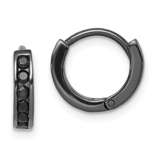 QE9262 Sterling Silver Black RH-plated Black CZ Hinged Round Hoop Earrings