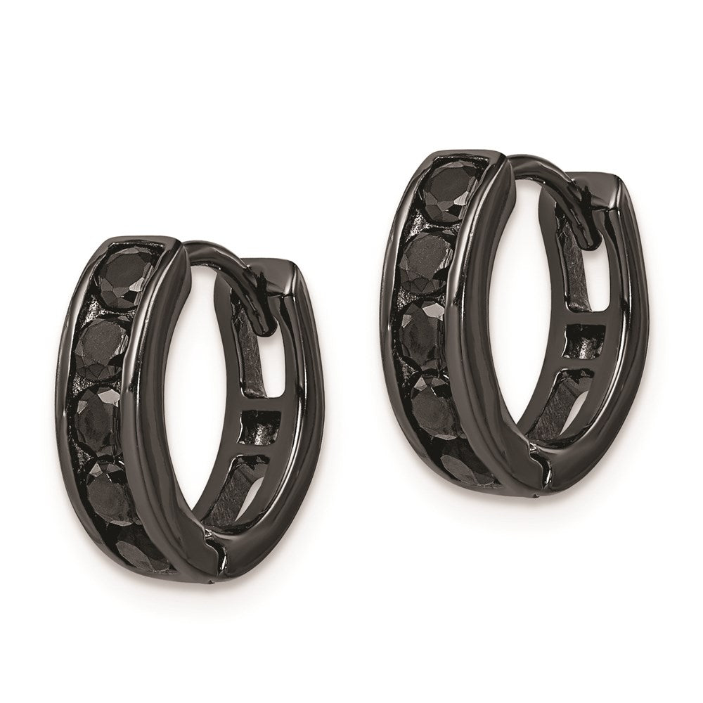 QE9263 Sterling Silver Black RH-plated Black CZ Hinged 4mm Round Hoop Earrings