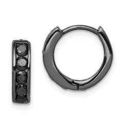 QE9263 Sterling Silver Black RH-plated Black CZ Hinged 4mm Round Hoop Earrings