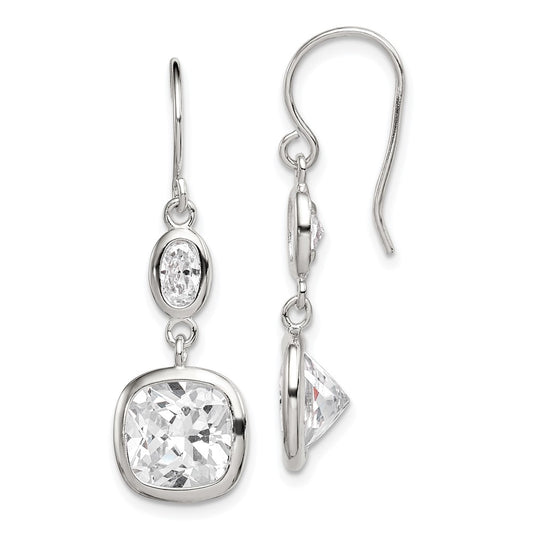 QE9309 Sterling Silver Rhodium-plated Polished Oval & Square CZ Dangle Earrings