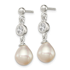 QE9323 Sterling Silver Polished FWC Pearl and CZ Post Dangle Earrings