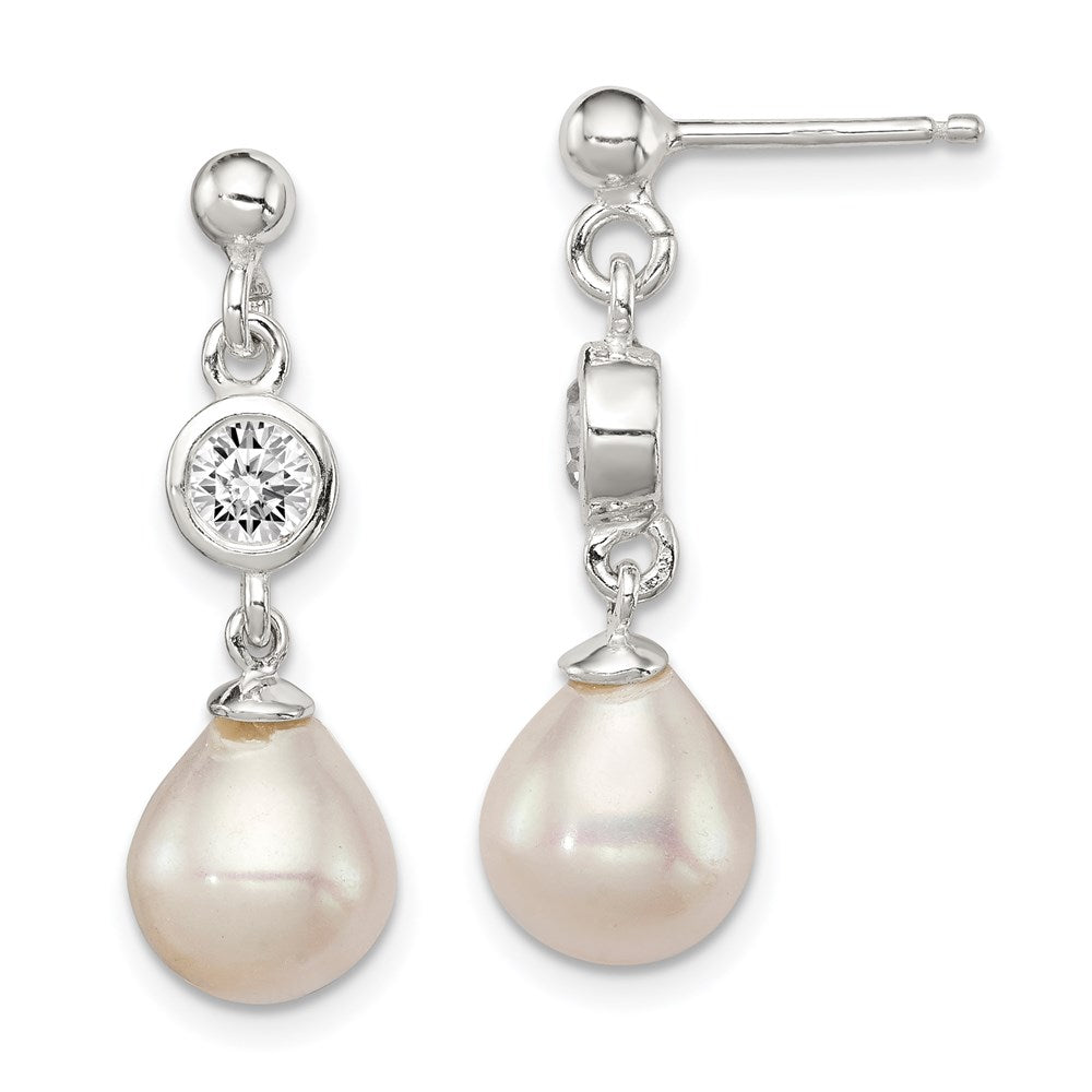 QE9323 Sterling Silver Polished FWC Pearl and CZ Post Dangle Earrings