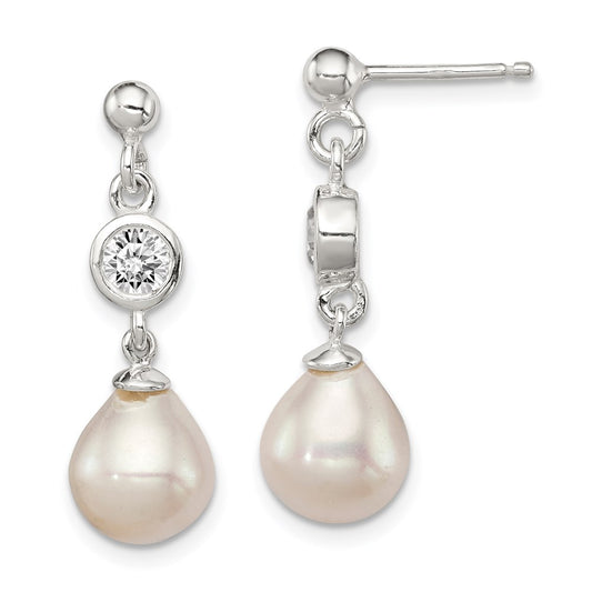 QE9323 Sterling Silver Polished FWC Pearl and CZ Post Dangle Earrings