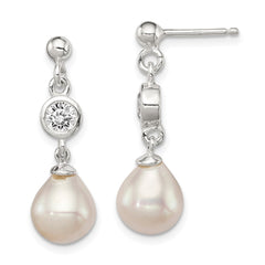 QE9323 Sterling Silver Polished FWC Pearl and CZ Post Dangle Earrings