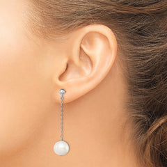 QE9339 Sterling Silver Rhodium-plated 10-11mm White Round Freshwater Cultured Pearl Dangle Post Earrings