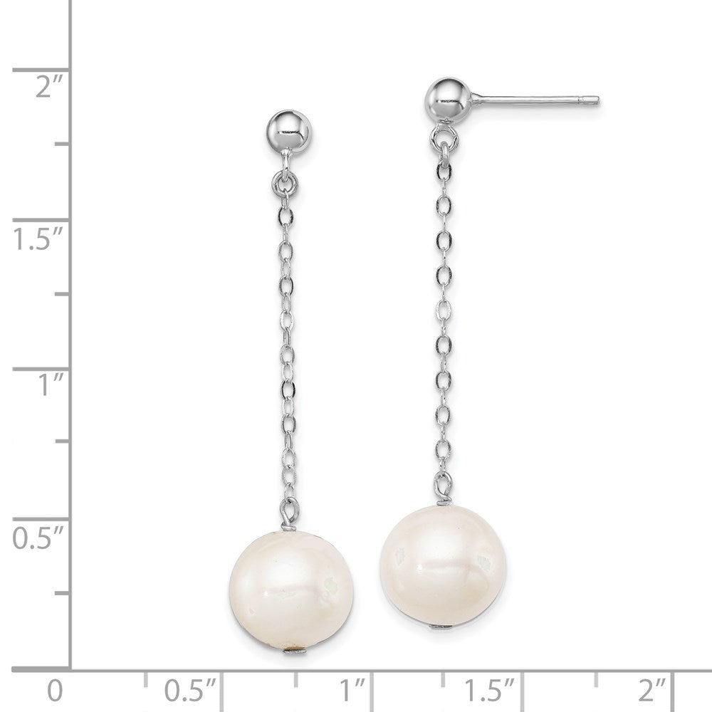 QE9339 Sterling Silver Rhodium-plated 10-11mm White Round Freshwater Cultured Pearl Dangle Post Earrings