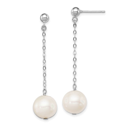 QE9339 Sterling Silver Rhodium-plated 10-11mm White Round Freshwater Cultured Pearl Dangle Post Earrings