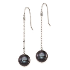 QE9340 Sterling Silver Rhodium-plated 9-10mm Black Round Freshwater Cultured Pearl Dangle Earrings