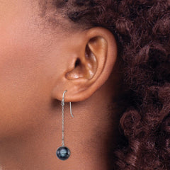 QE9340 Sterling Silver Rhodium-plated 9-10mm Black Round Freshwater Cultured Pearl Dangle Earrings