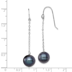 QE9340 Sterling Silver Rhodium-plated 9-10mm Black Round Freshwater Cultured Pearl Dangle Earrings