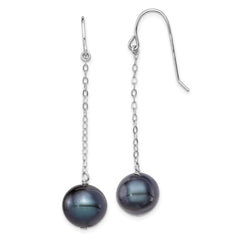 QE9340 Sterling Silver Rhodium-plated 9-10mm Black Round Freshwater Cultured Pearl Dangle Earrings