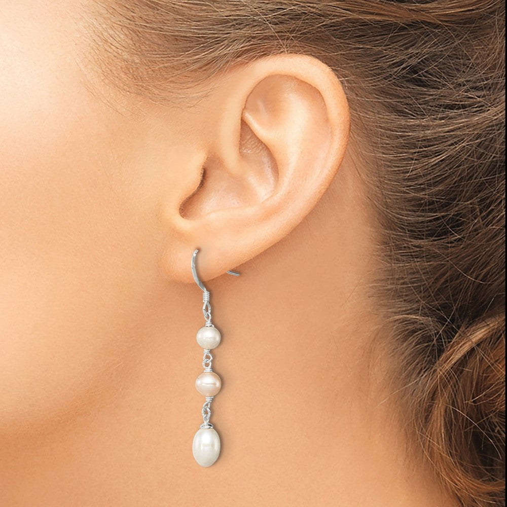 QE9368 Sterling Silver Polished Pink & White 5-7mm Freshwater Cultured Pearl Dangle Earrings