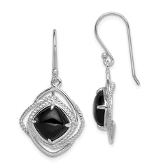 QE9377 Sterling Silver Rhodium-plated Polished & Twisted Onyx Dangle Earrings