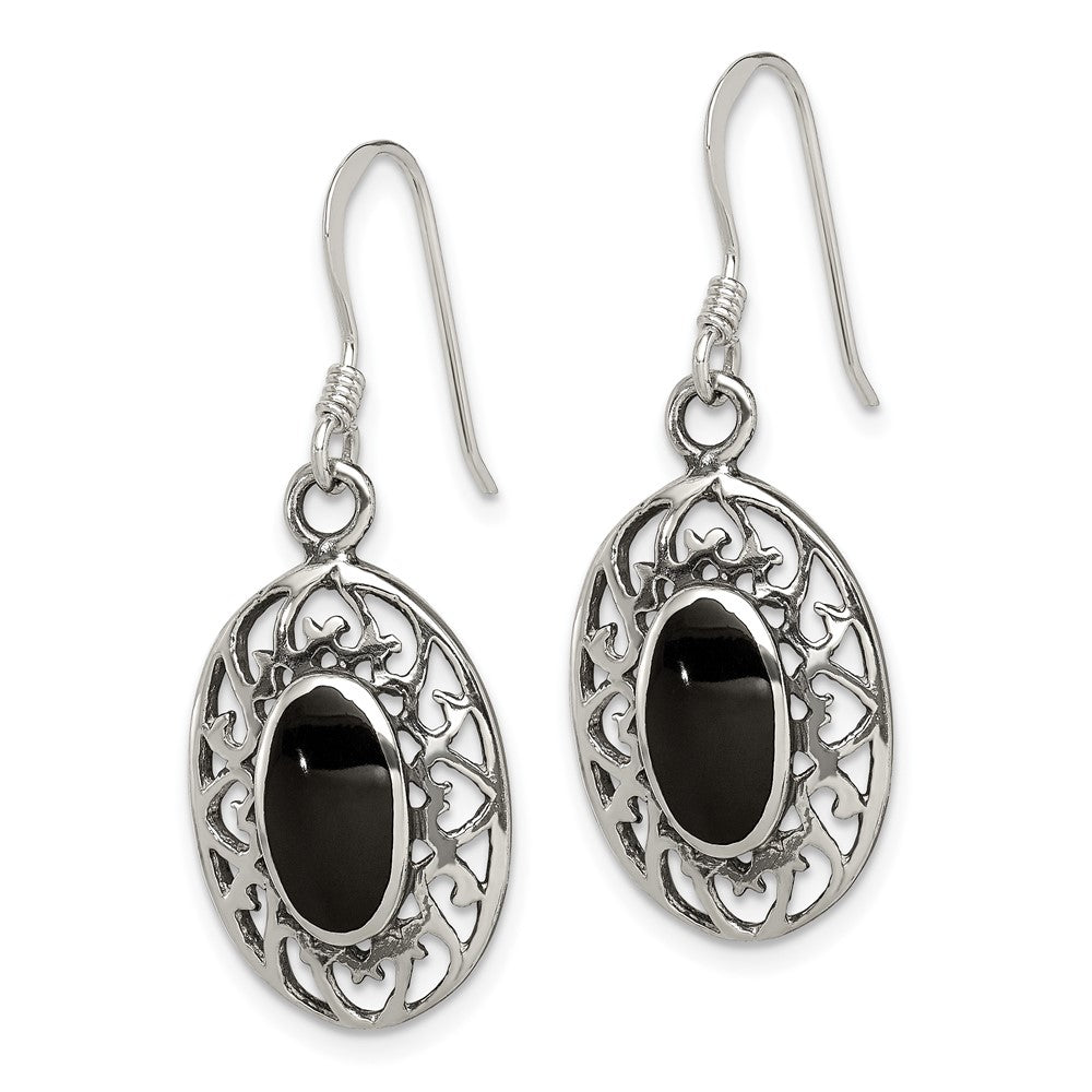 QE9387 Sterling Silver Polished/Antiqued Filigree Black Agate Oval Dangle Earrings