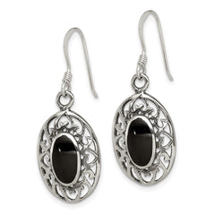 QE9387 Sterling Silver Polished/Antiqued Filigree Black Agate Oval Dangle Earrings