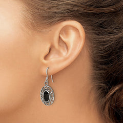 QE9387 Sterling Silver Polished/Antiqued Filigree Black Agate Oval Dangle Earrings