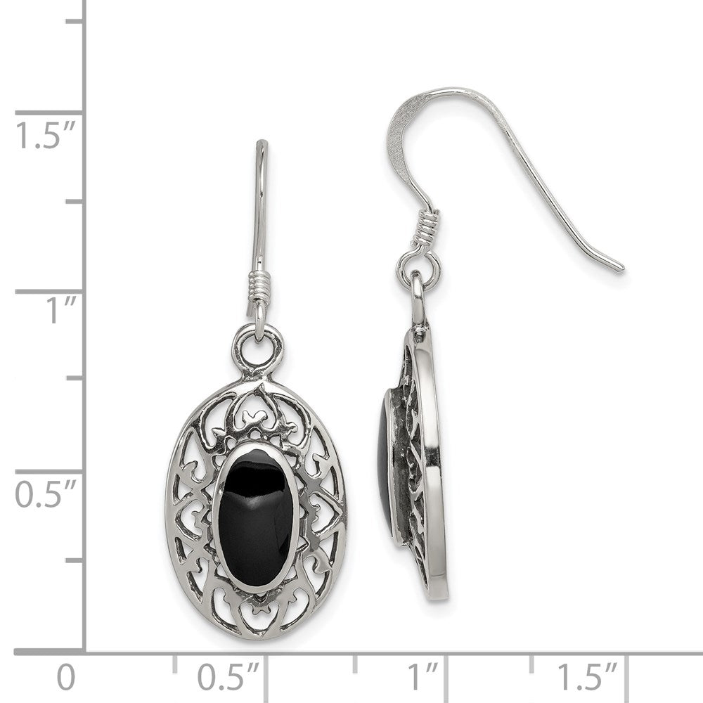 QE9387 Sterling Silver Polished/Antiqued Filigree Black Agate Oval Dangle Earrings