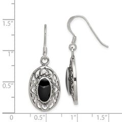 QE9387 Sterling Silver Polished/Antiqued Filigree Black Agate Oval Dangle Earrings