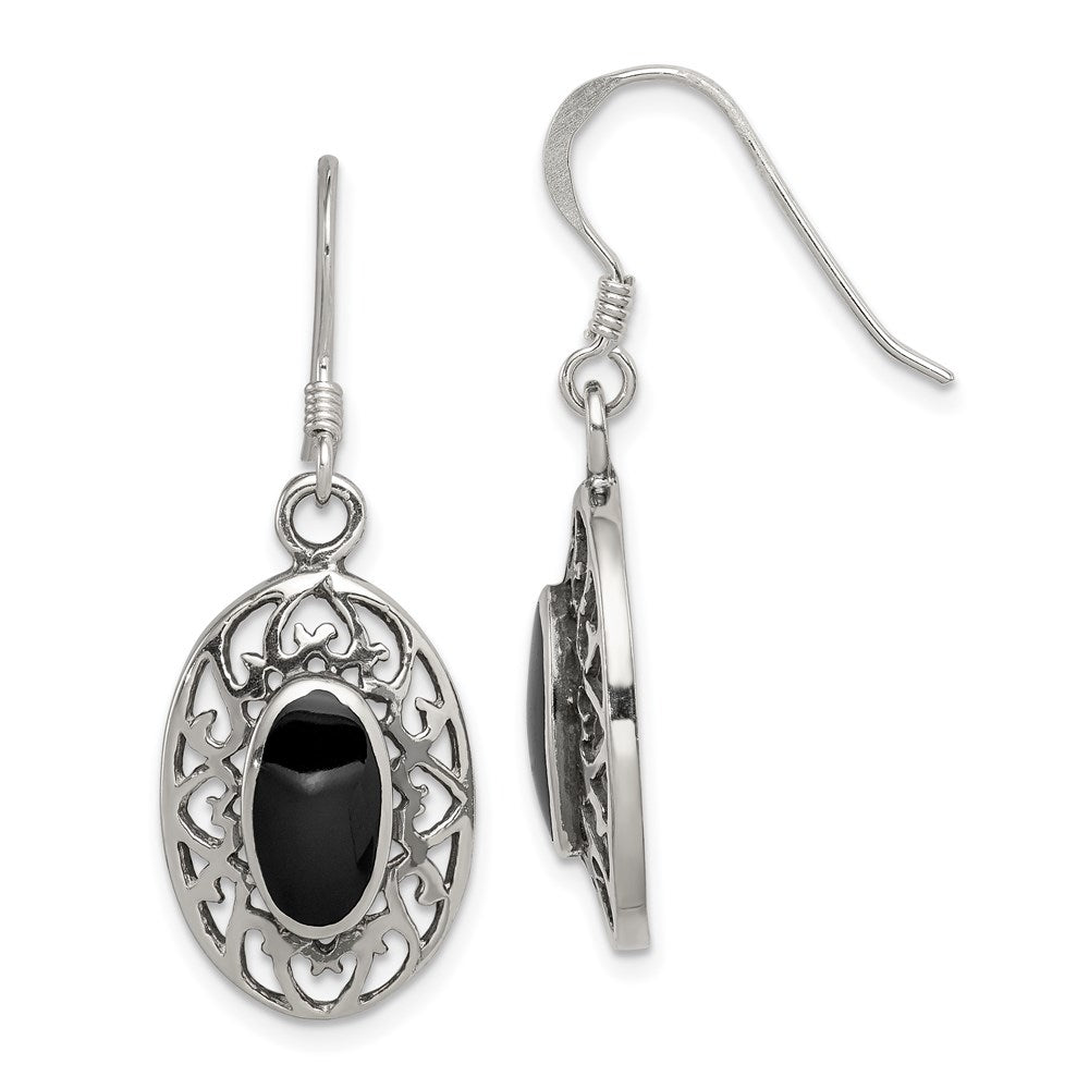 QE9387 Sterling Silver Polished/Antiqued Filigree Black Agate Oval Dangle Earrings