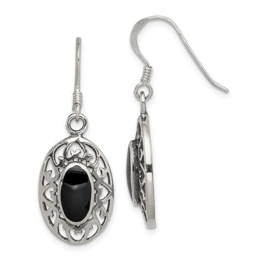 QE9387 Sterling Silver Polished/Antiqued Filigree Black Agate Oval Dangle Earrings