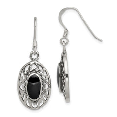 QE9387 Sterling Silver Polished/Antiqued Filigree Black Agate Oval Dangle Earrings