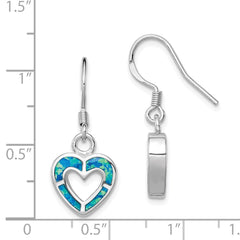 QE9405 Sterling Silver RH-plated Blue Created Opal Inlay Heart Dangle Earrings