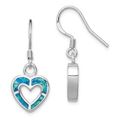 QE9405 Sterling Silver RH-plated Blue Created Opal Inlay Heart Dangle Earrings
