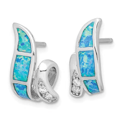 QE9406 Sterling Silver RH-plated CZ & Blue Created Opal Twisted Post Earrings