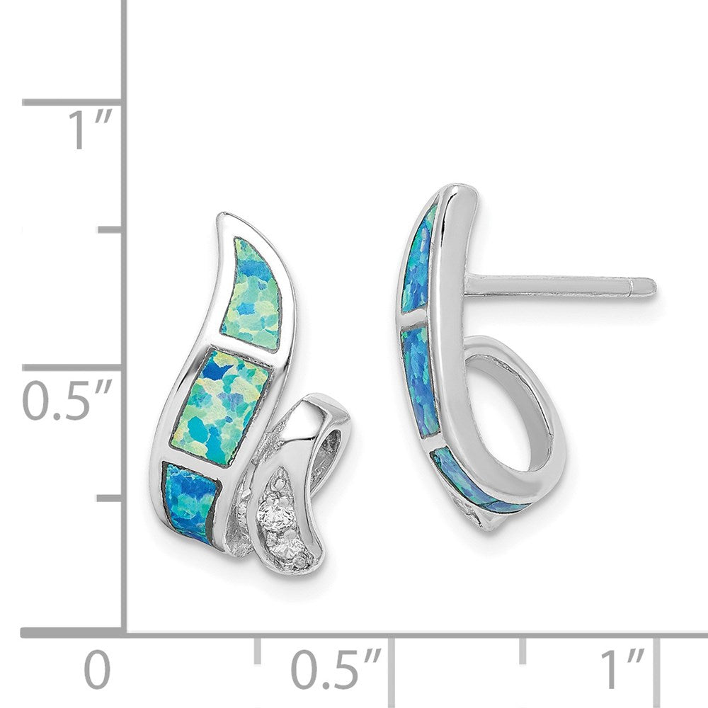 QE9406 Sterling Silver RH-plated CZ & Blue Created Opal Twisted Post Earrings