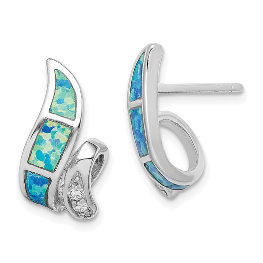 QE9406 Sterling Silver RH-plated CZ & Blue Created Opal Twisted Post Earrings