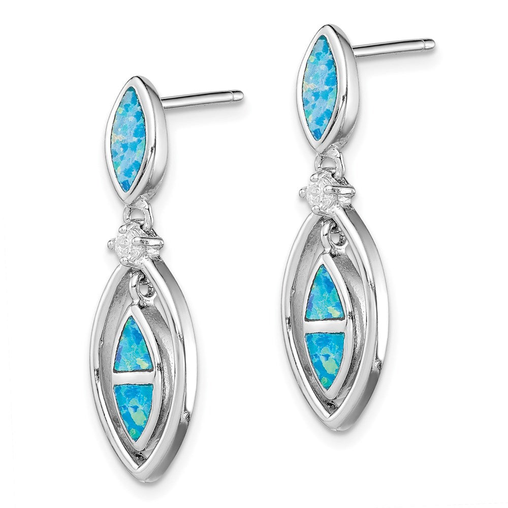 QE9407 Sterling Silver RH-plated CZ & Blue Cr. Opal Marquise Post Dangle Earrings