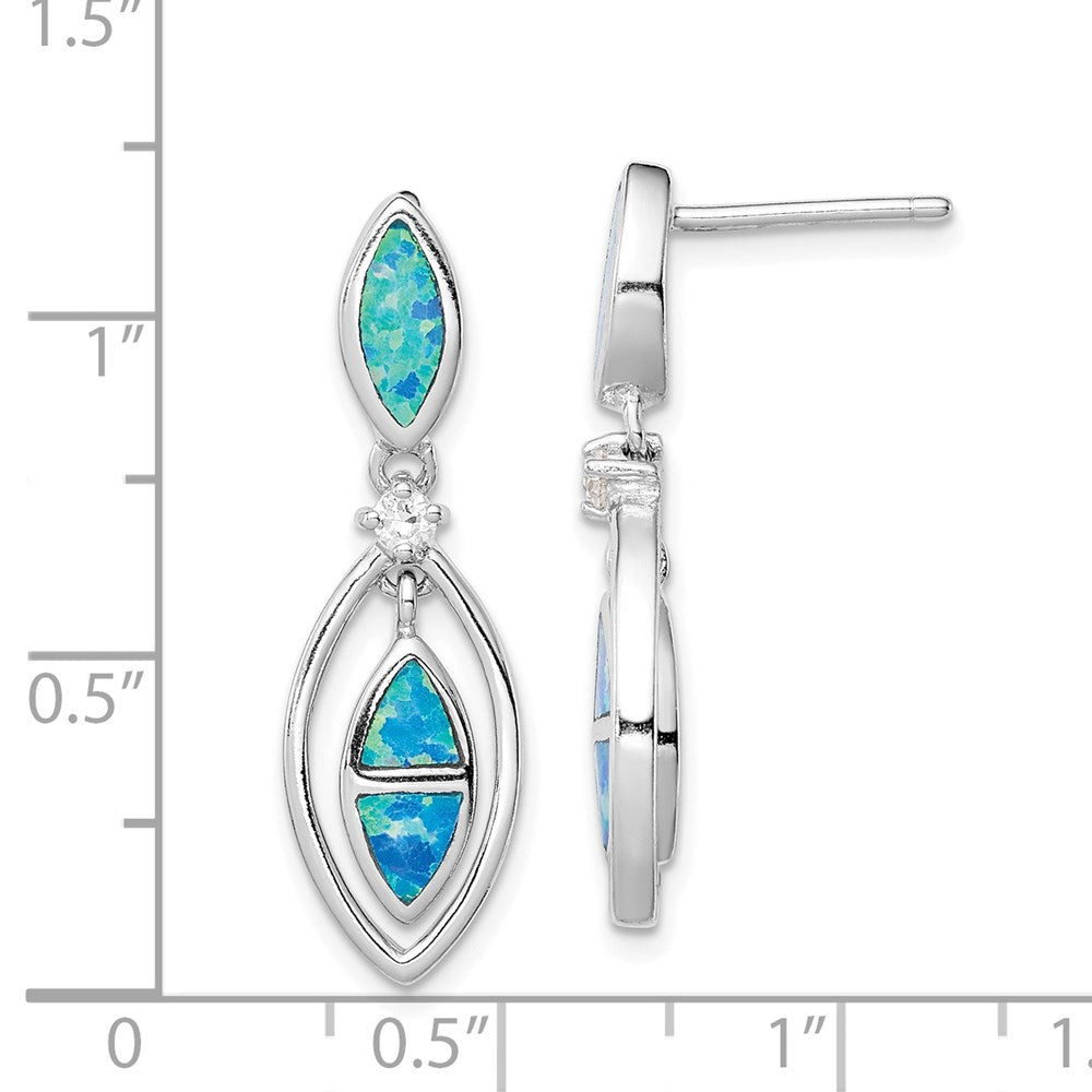 QE9407 Sterling Silver RH-plated CZ & Blue Cr. Opal Marquise Post Dangle Earrings