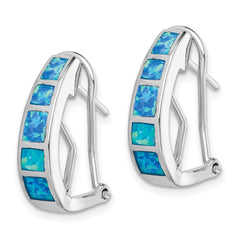 QE9409 Sterling Silver Rhodium-plated Polished Blue Created Opal Inlay J-Hoop Earrings