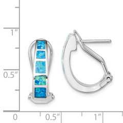 QE9409 Sterling Silver Rhodium-plated Polished Blue Created Opal Inlay J-Hoop Earrings
