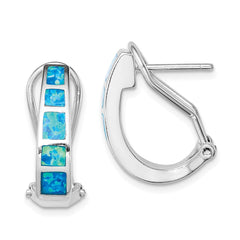 QE9409 Sterling Silver Rhodium-plated Polished Blue Created Opal Inlay J-Hoop Earrings