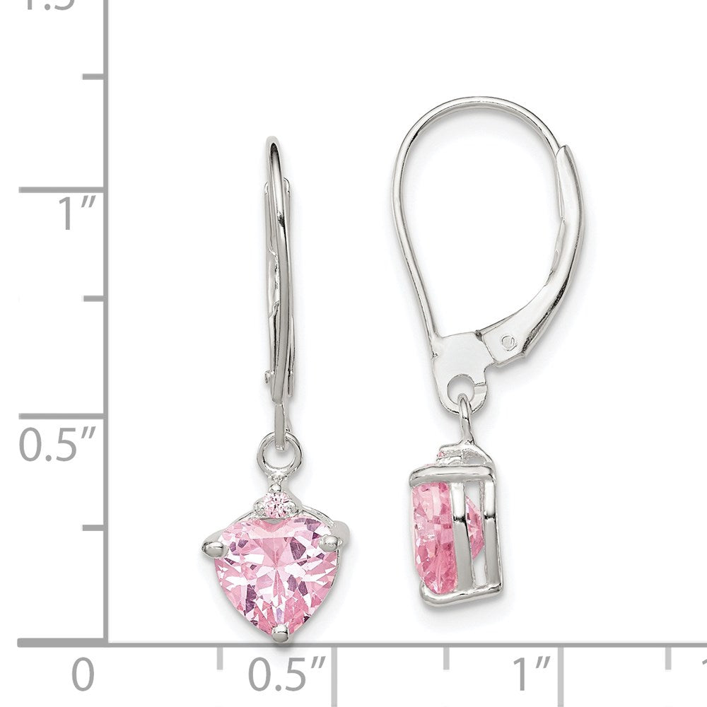 QE9438 Sterling Silver Polished Pink CZ Heart Leverback Dangle Earrings