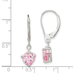 QE9438 Sterling Silver Polished Pink CZ Heart Leverback Dangle Earrings