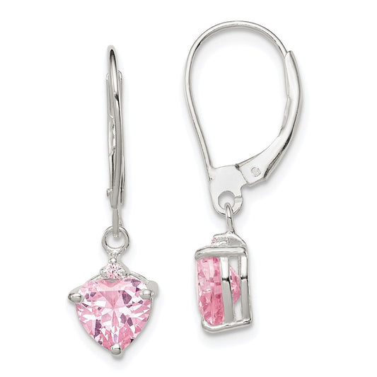 QE9438 Sterling Silver Polished Pink CZ Heart Leverback Dangle Earrings