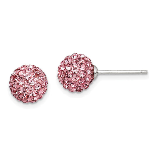 QE9540 Sterling Silver Rhodium-plated 8mm Pink Czech Crystal Post Earrings
