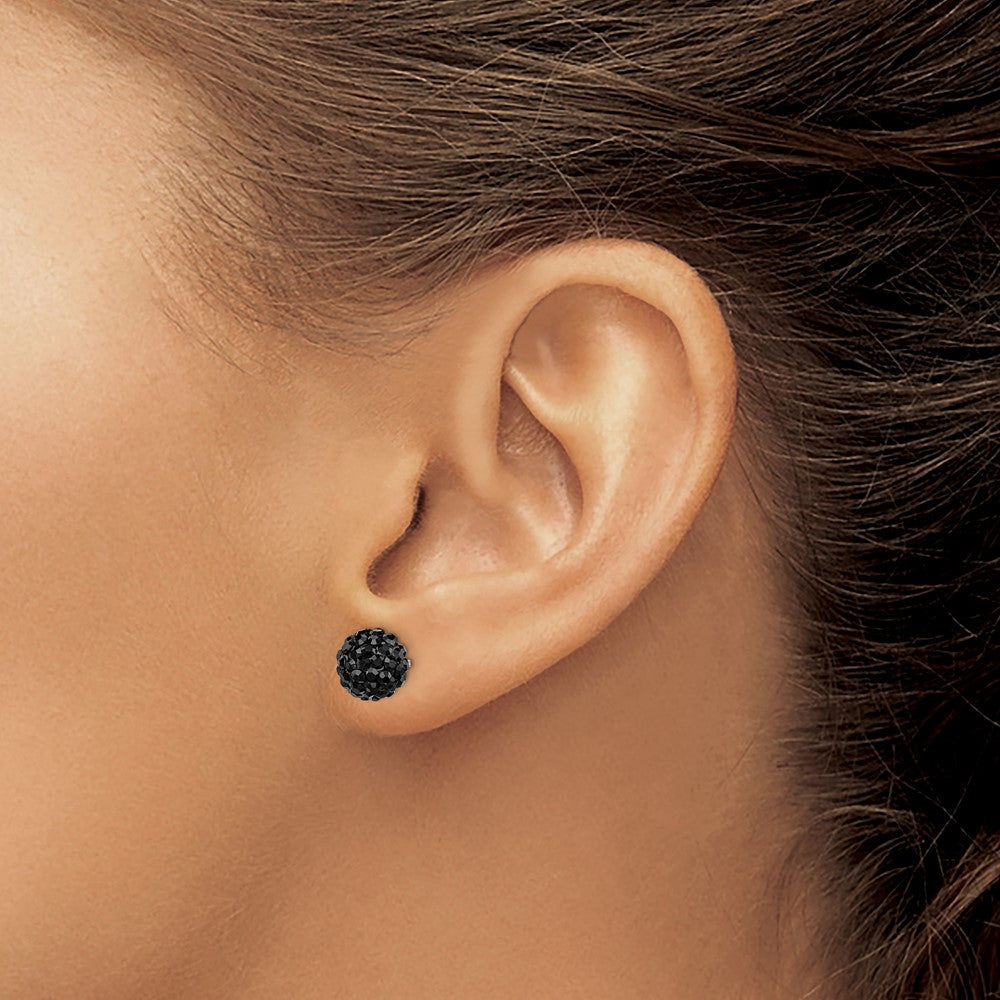 QE9548 Sterling Silver Rhodium-plated 8mm Black Czech Crystal Post Earrings