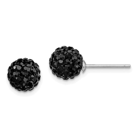 QE9548 Sterling Silver Rhodium-plated 8mm Black Czech Crystal Post Earrings