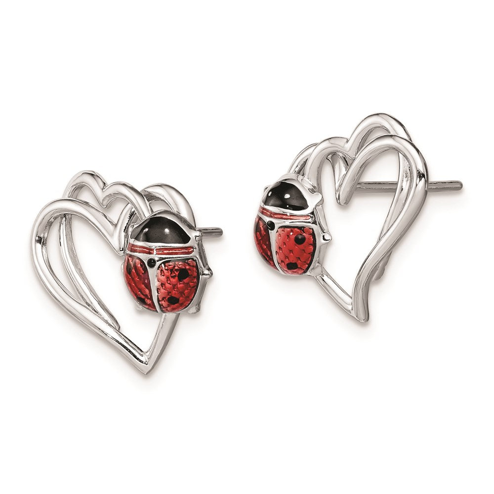 QE9589 Sterling Silver Rhodium-plated Heart with Enameled Ladybug Post Earrings