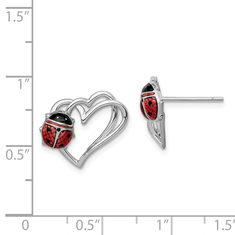 QE9589 Sterling Silver Rhodium-plated Heart with Enameled Ladybug Post Earrings