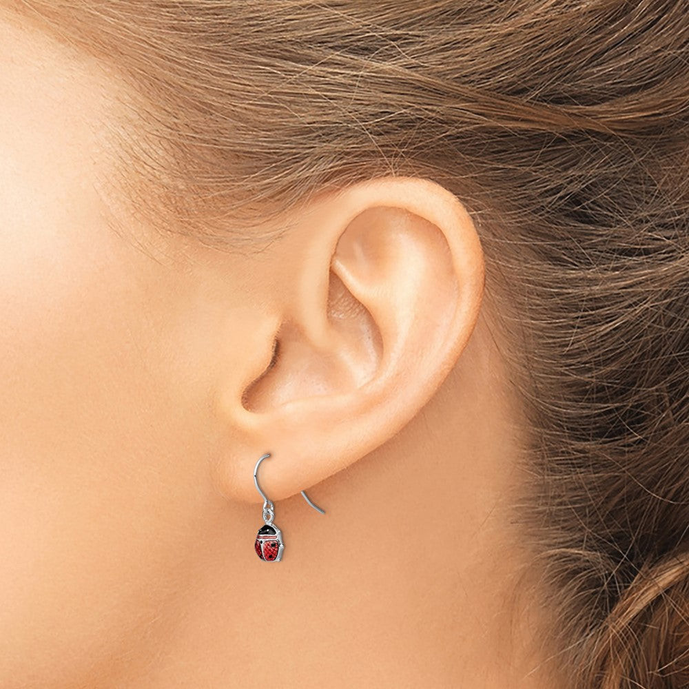 QE9591 Sterling Silver Rhodium Enameled Ladybug Dangle Earrings