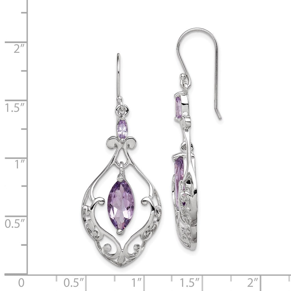 QE9609 Sterling Silver Rhodium Plated Amethyst Fancy Dangle Earrings
