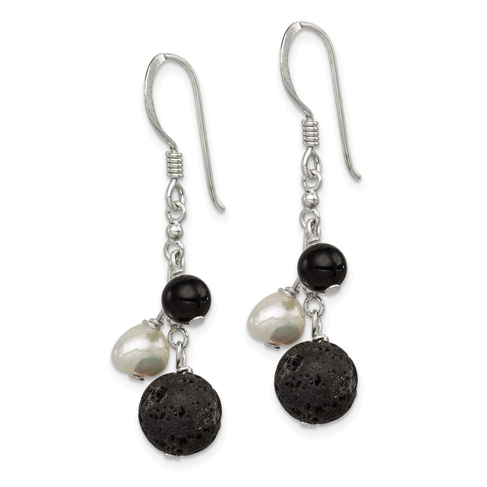 QE9714 Sterling Silver Polished FWC Pearl/Black Agate/Lava Rock Dangle Earrings